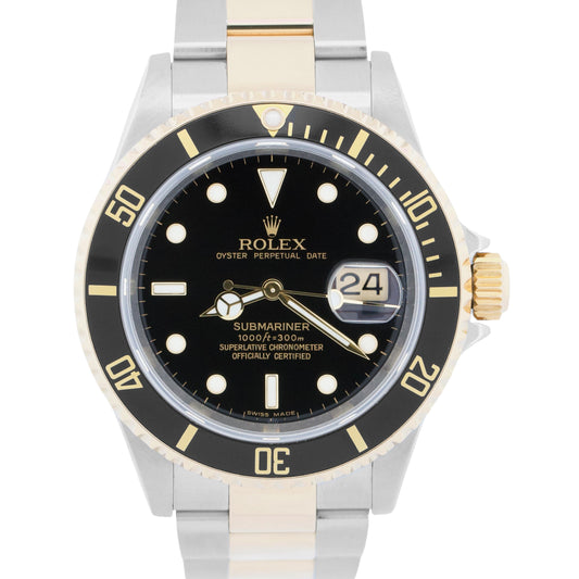 Rolex Submariner Date 16613 Black No-Holes 18K Yellow Gold Two-Tone 40mm Watch