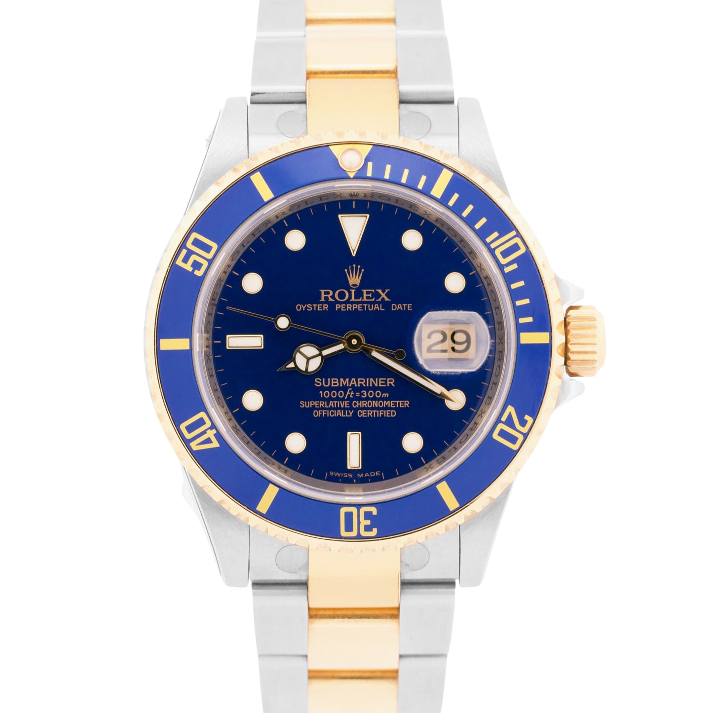 STICKERED Rolex Submariner Date 40mm BLUE 18K Gold Steel REHAUT No-Holes 16613