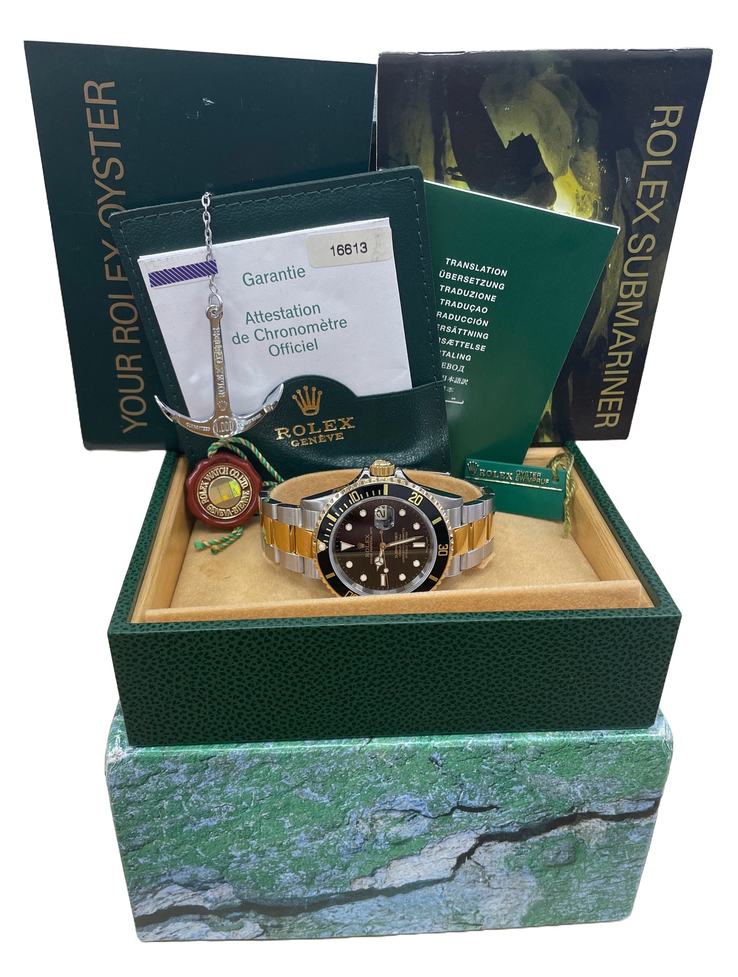 PAPERS Rolex Submariner Date 40mm BLACK 18K Yellow Gold NO-HOLES Steel 16613 BOX