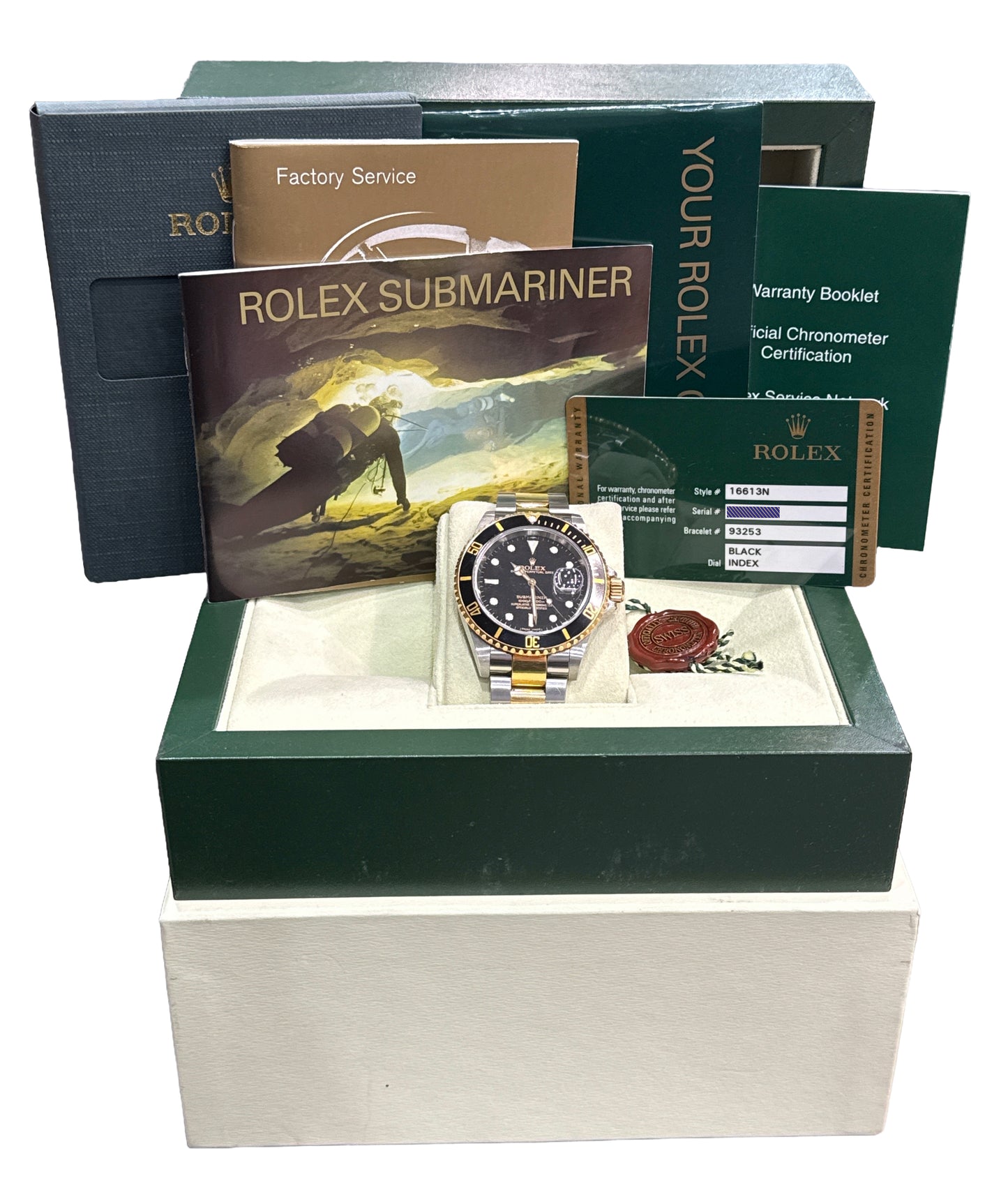 UNPOLISHED PAPERS Rolex Submariner 40mm Black NO-HOLES 18K Gold Watch 16613 BOX