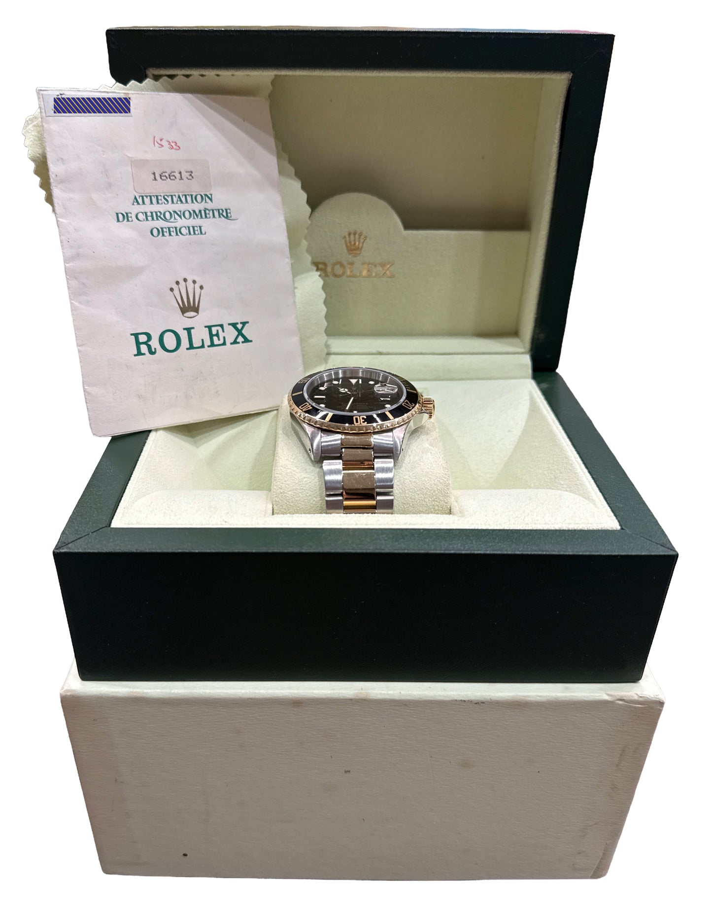 1990 PAPERS Rolex Submariner Date 40mm BLACK 18K Yellow Gold Steel 16613 BOX