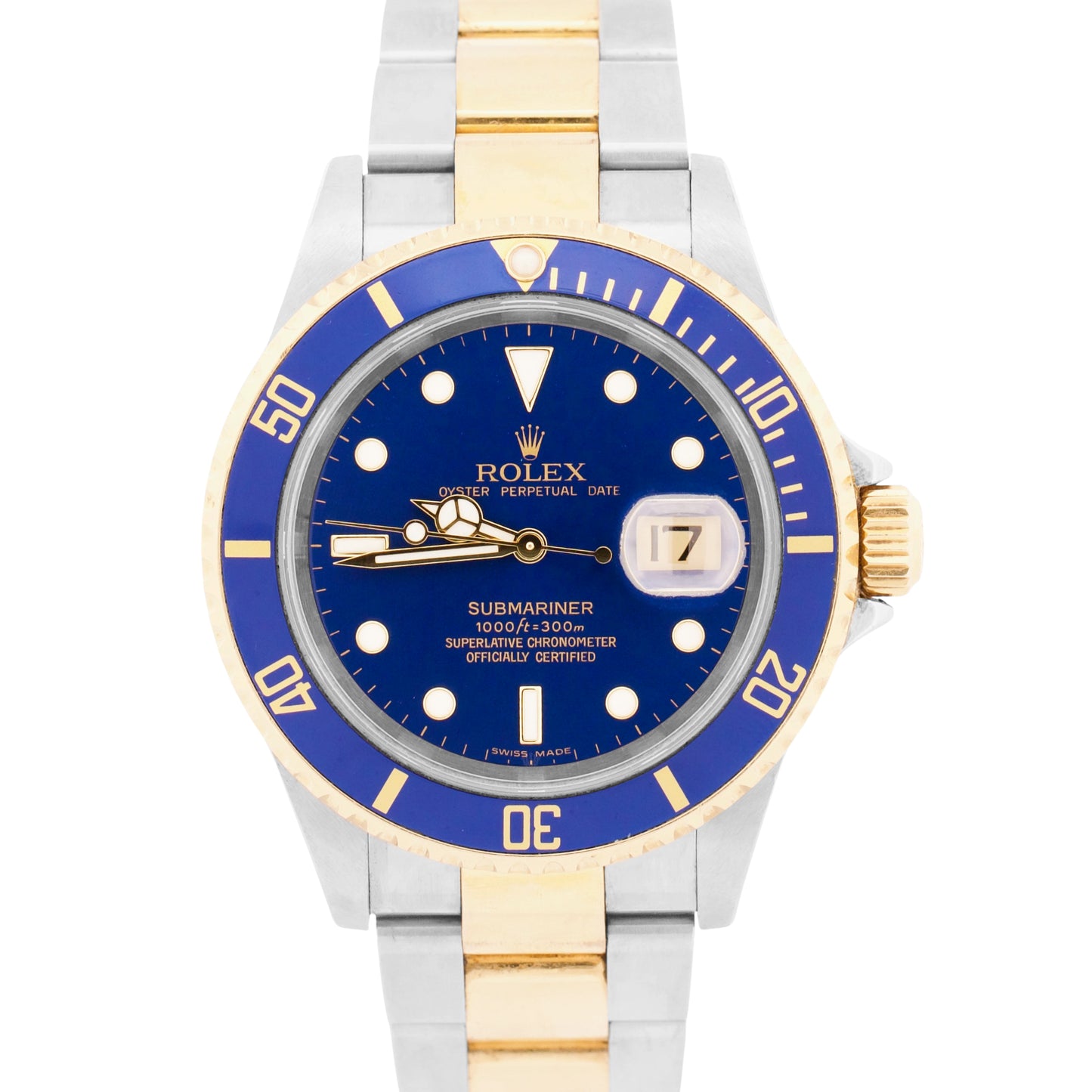 UNPOLISHED Rolex Submariner Date 40mm BLUE 18K Yellow Gold Steel NO-HOLES 16613