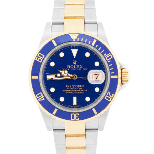 UNPOLISHED Rolex Submariner Date 40mm BLUE 18K Yellow Gold Steel NO-HOLES 16613