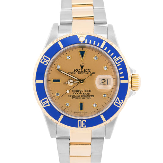 Rolex Submariner Date 40mm CHAMPAGNE DIAMOND Blue 18K Yellow Gold Steel 16613