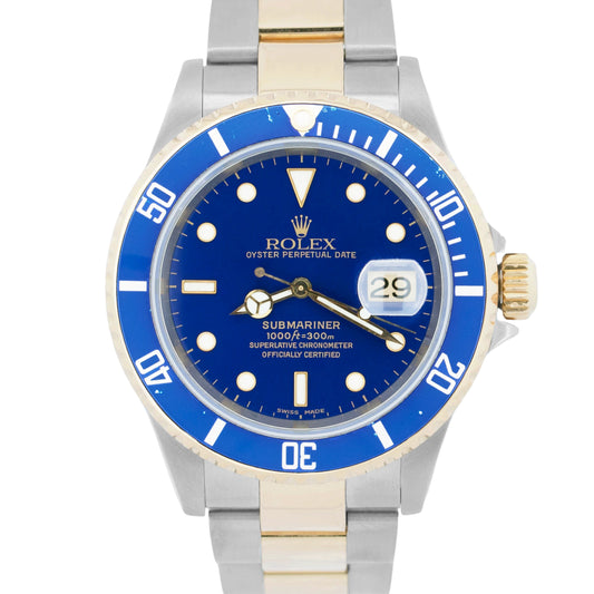 2001 Rolex Submariner Date 40mm BLUE 18K Stainless Steel GOLD BUCKLE 16613 Watch