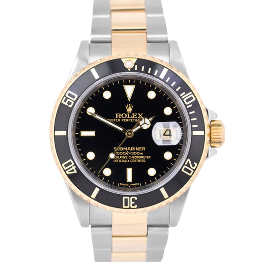 Rolex Submariner Date 40mm Black Two-Tone 18K Gold NO-HOLES Steel Watch 16613
