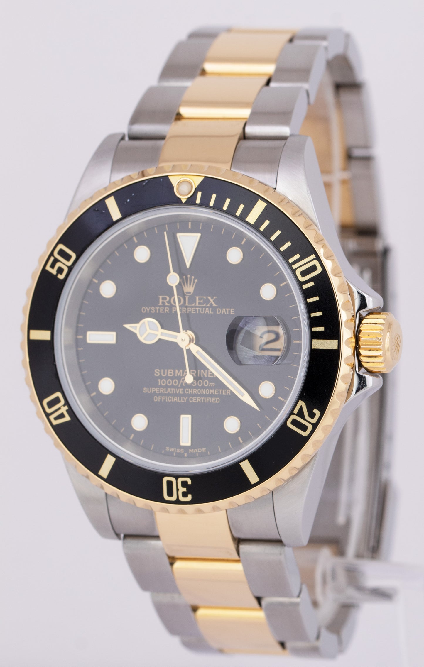 Rolex Submariner Date 40mm Black Two-Tone 18K Gold NO-HOLES Steel 16613 Watch