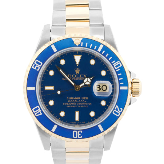 1997 Rolex Submariner Date 40mm BLUE 18K Yellow Gold Stainless Steel 16613 Watch