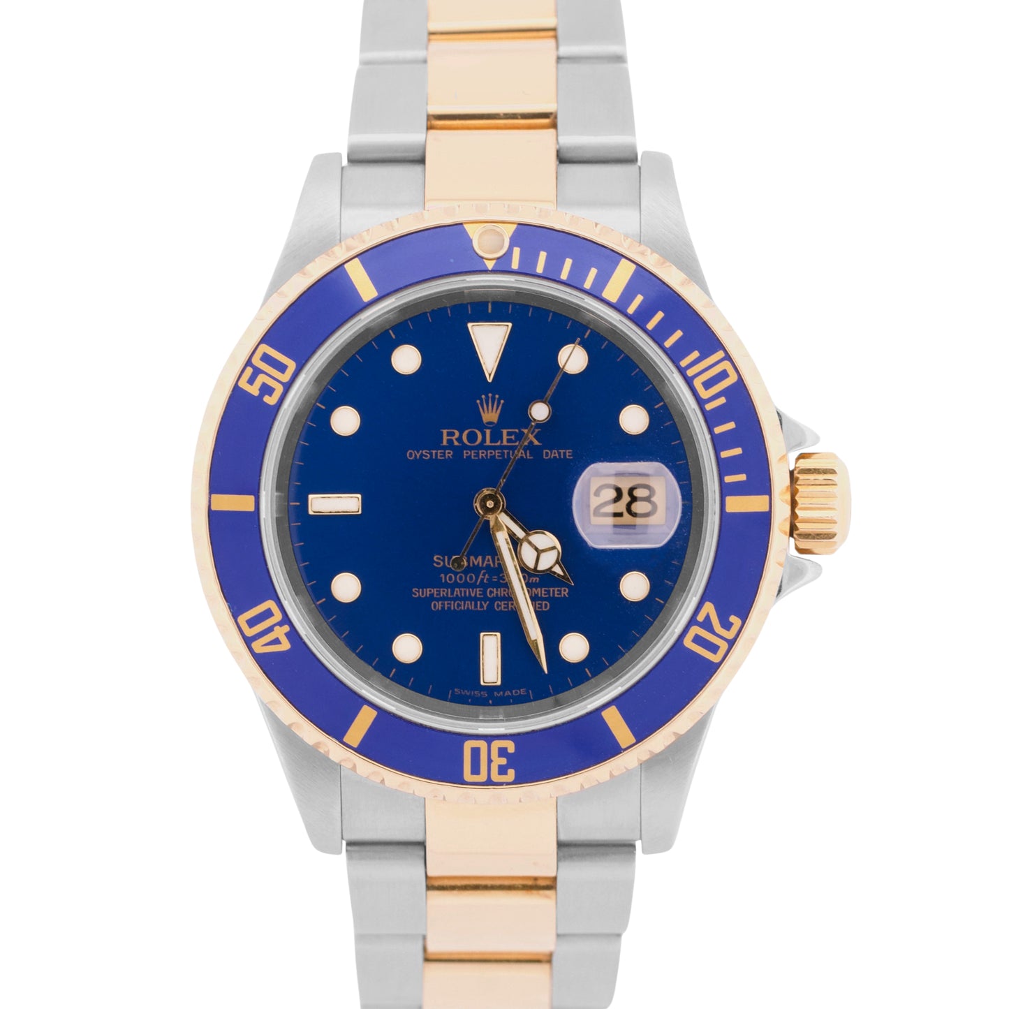 Rolex Submariner Date 40mm BLUE Two-Tone 18K Gold NO-HOLES Steel 16613 Watch