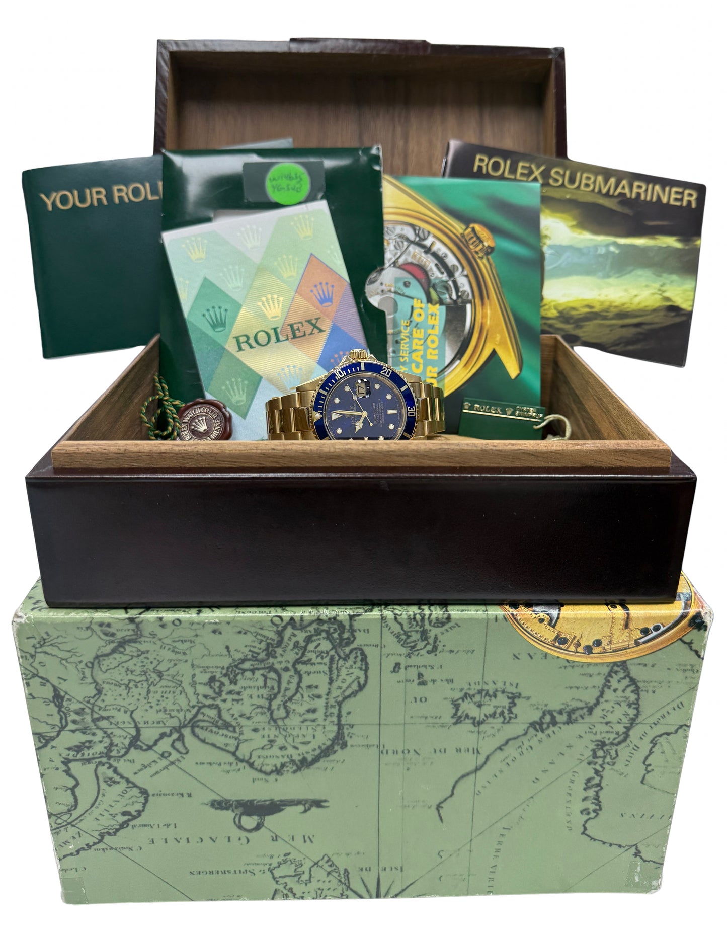 2005 PAPERS Rolex Submariner Date BLUE 18K Yellow Gold Oyster 40mm 16618 BOX