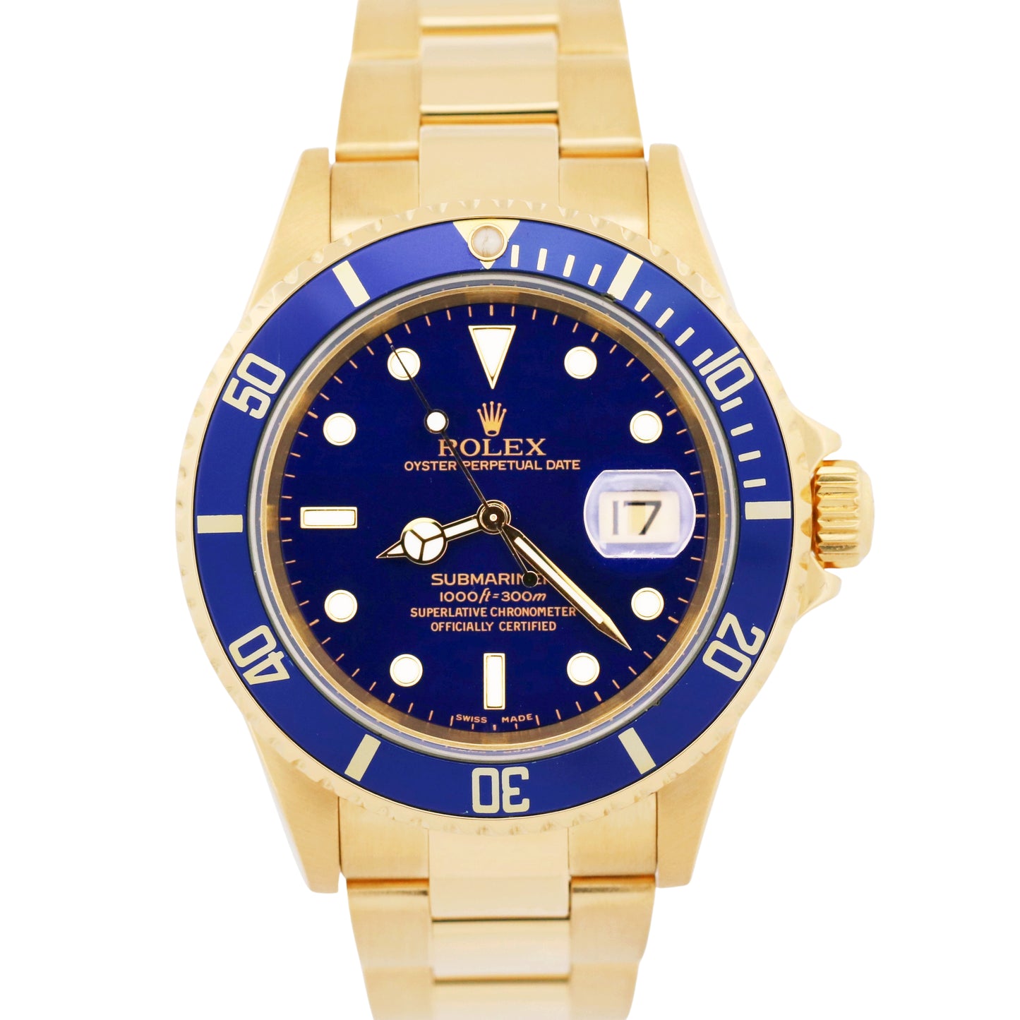 2005 PAPERS Rolex Submariner Date BLUE 18K Yellow Gold Oyster 40mm 16618 BOX