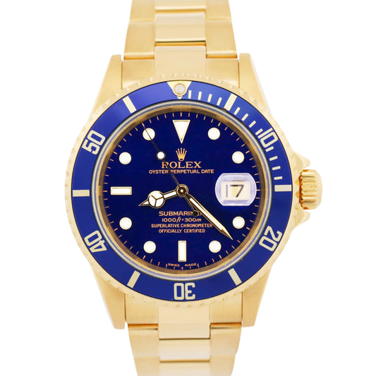 2005 PAPERS Rolex Submariner Date BLUE 18K Yellow Gold Oyster 40mm 16618 BOX