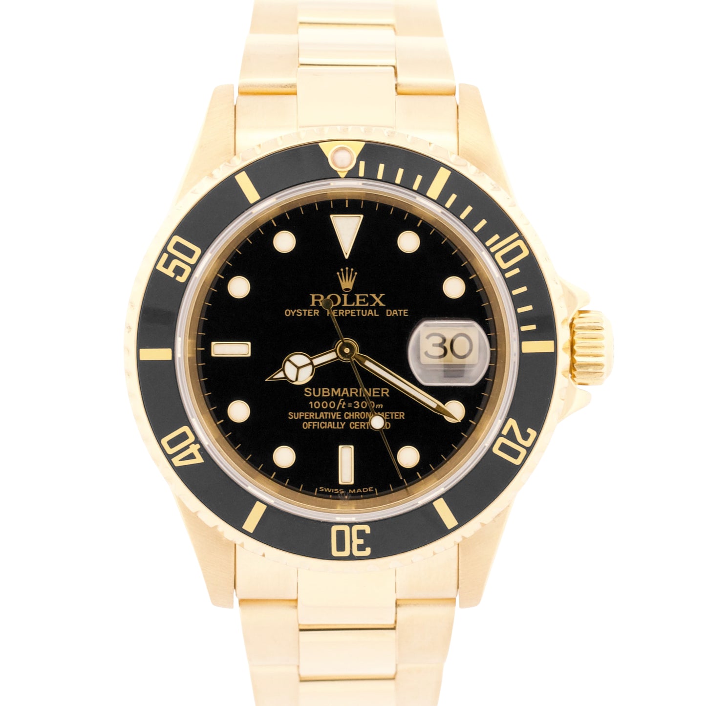Rolex Submariner Date BLACK 18K Yellow Gold NO-HOLES Oyster 40mm 16618 Watch