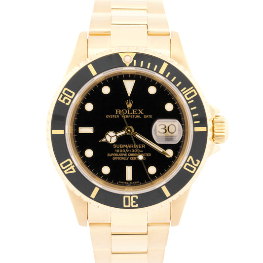 Rolex Submariner Date BLACK 18K Yellow Gold NO-HOLES Oyster 40mm 16618 Watch
