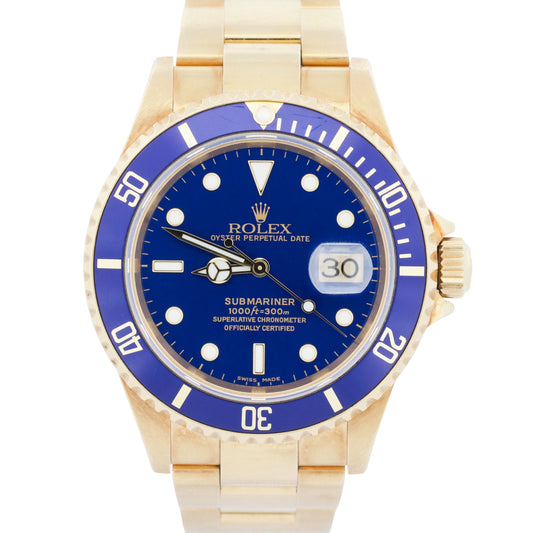 UNPOLISHED Rolex Submariner Date BLUE 18K Yellow Gold NO-HOLES 40mm 16618 Watch
