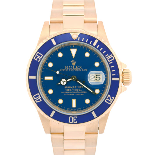 MINT 1993 Rolex Submariner Date BLUE 18K Yellow Gold 40mm Watch 16618 Watch