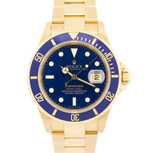 Rolex Submariner Date BLUE 18K Yellow Gold Oyster Automatic 40mm 16618 Watch BOX
