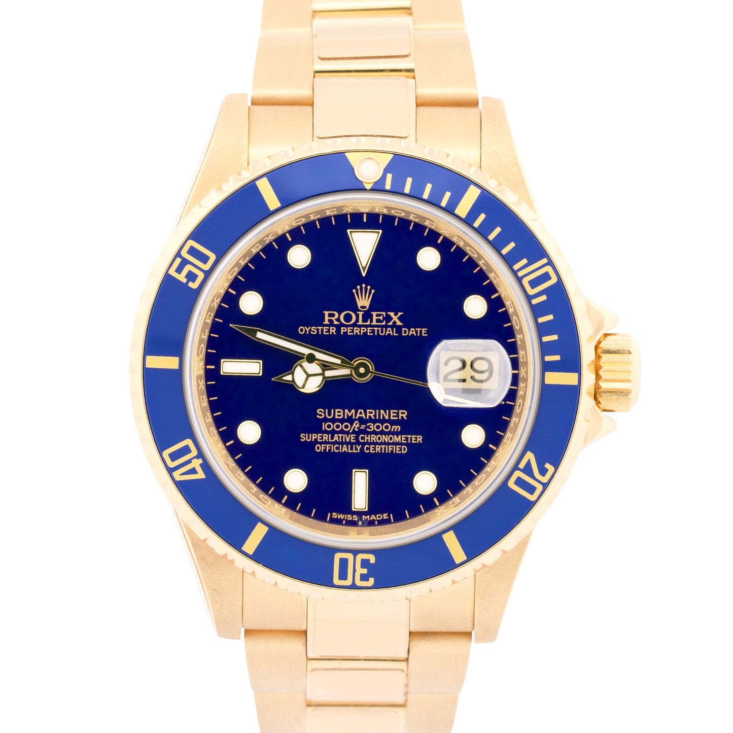 2009 Rolex Submariner Date 16618 Blue Rehaut No-Holes 18K Gold 40mm Box Papers