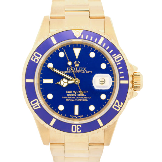 2004 PAPERS Rolex Submariner Date BLUE 18K Yellow Gold 40mm Watch 16618 LB BOX