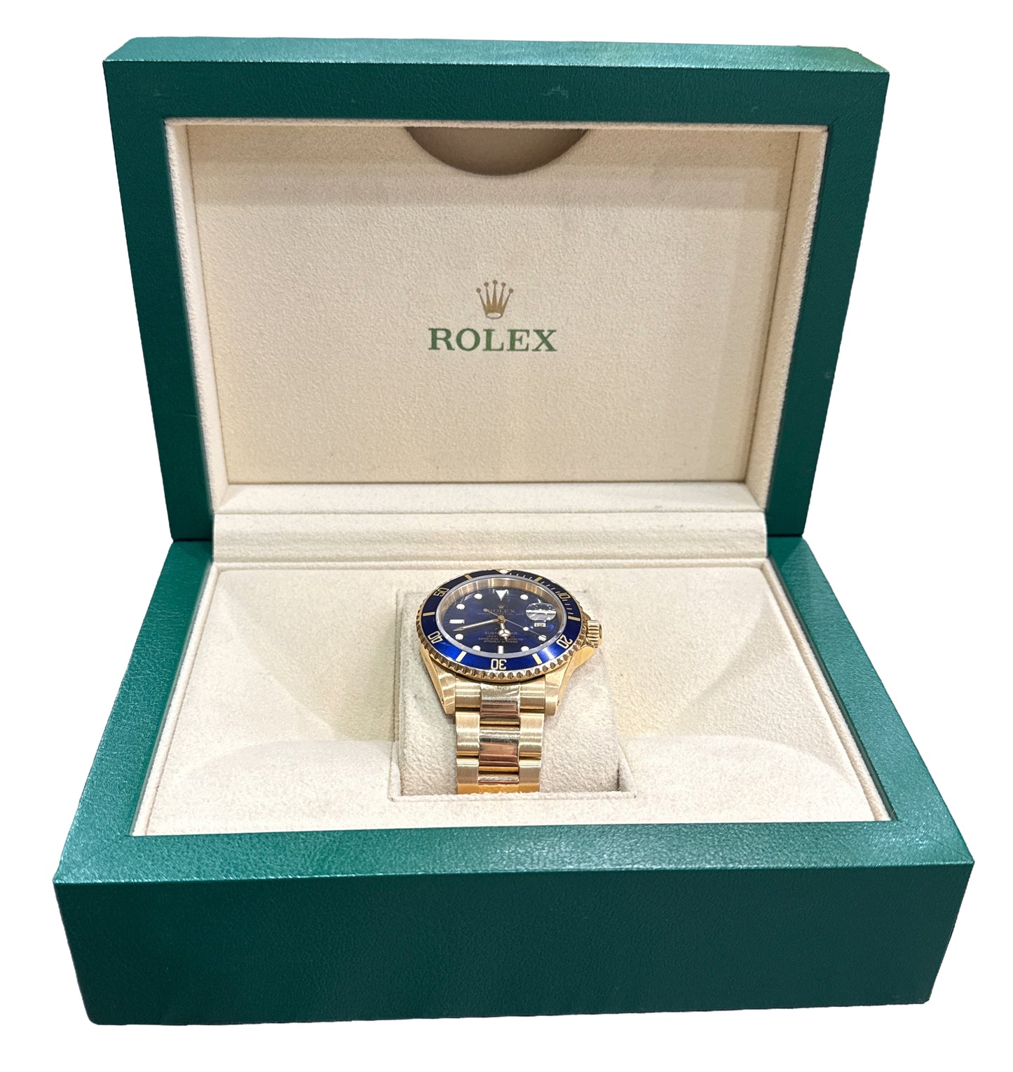 Rolex Submariner Date BLUE 18K Yellow Gold Oyster Automatic 40mm 16618 Watch BOX