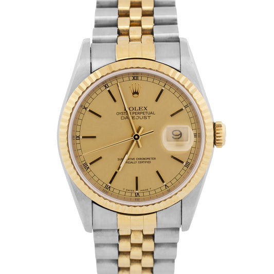 UNPOLISHED PAPERS Rolex DateJust 36mm CHAMPAGNE 18K Gold Steel JUBILEE 16233 BOX