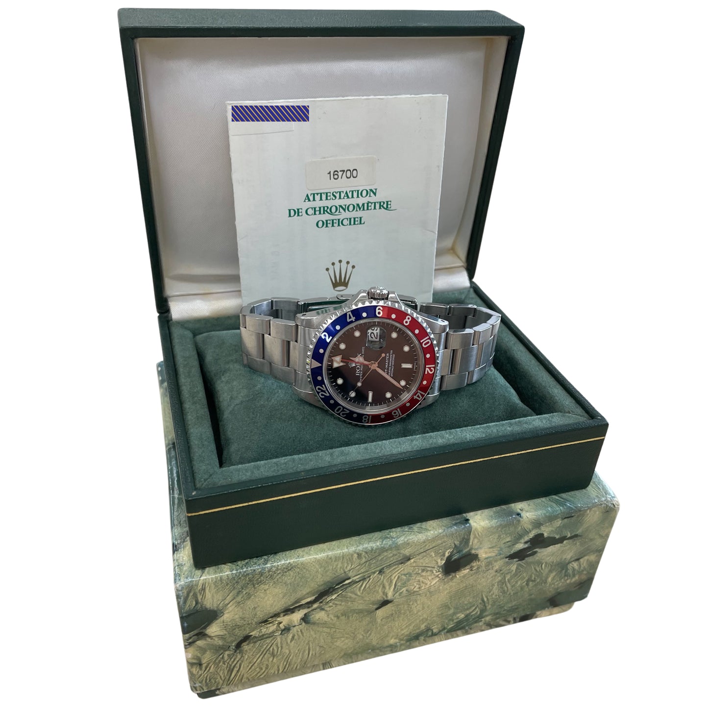 1999 PAPERS Rolex GMT-Master 40mm PEPSI Blue Red Stainless Steel Watch 16700 B+P