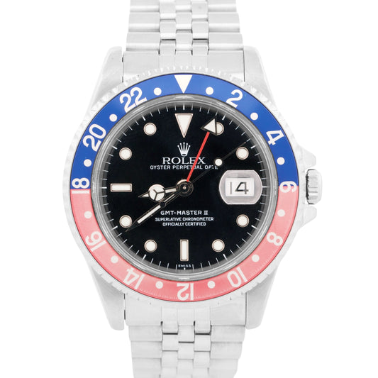 Rolex GMT-Master II 40mm PEPSI Red Blue Stainless Steel JUBILEE Date 16710 Watch