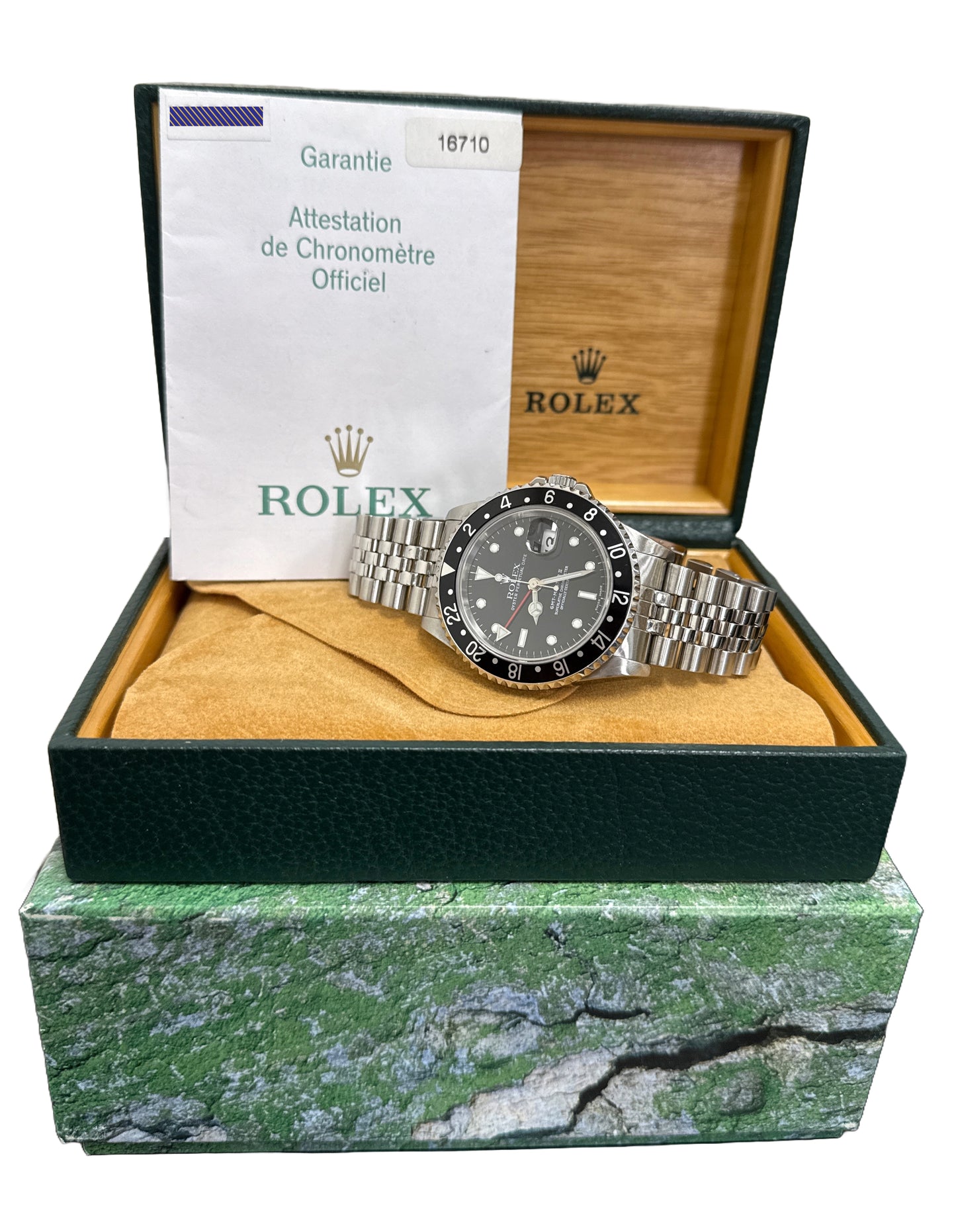 PAPERS Rolex GMT-Master II Red Black NO-HOLES Steel JUBILEE 40mm 16710 BOX