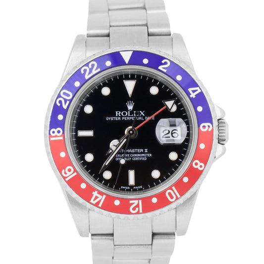 PAPERS Rolex GMT-Master II PEPSI Steel Blue Red Oyster NO HOLES Watch 16710 B+P