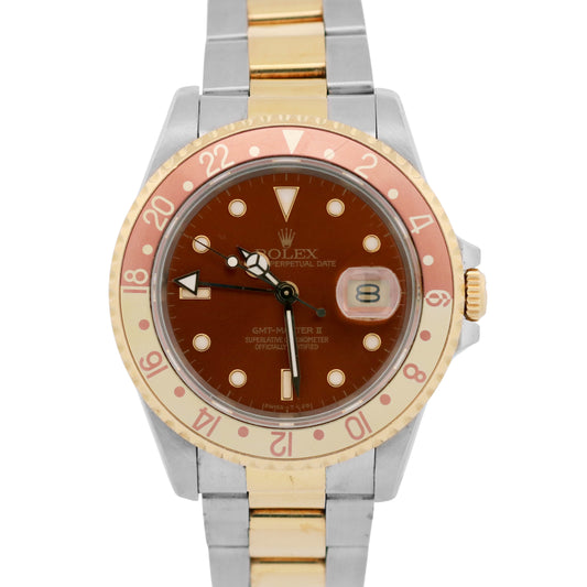 UNPOLISHED Rolex GMT-Master II ROOT BEER 18K Gold Steel Brown OYSTER Watch 16713