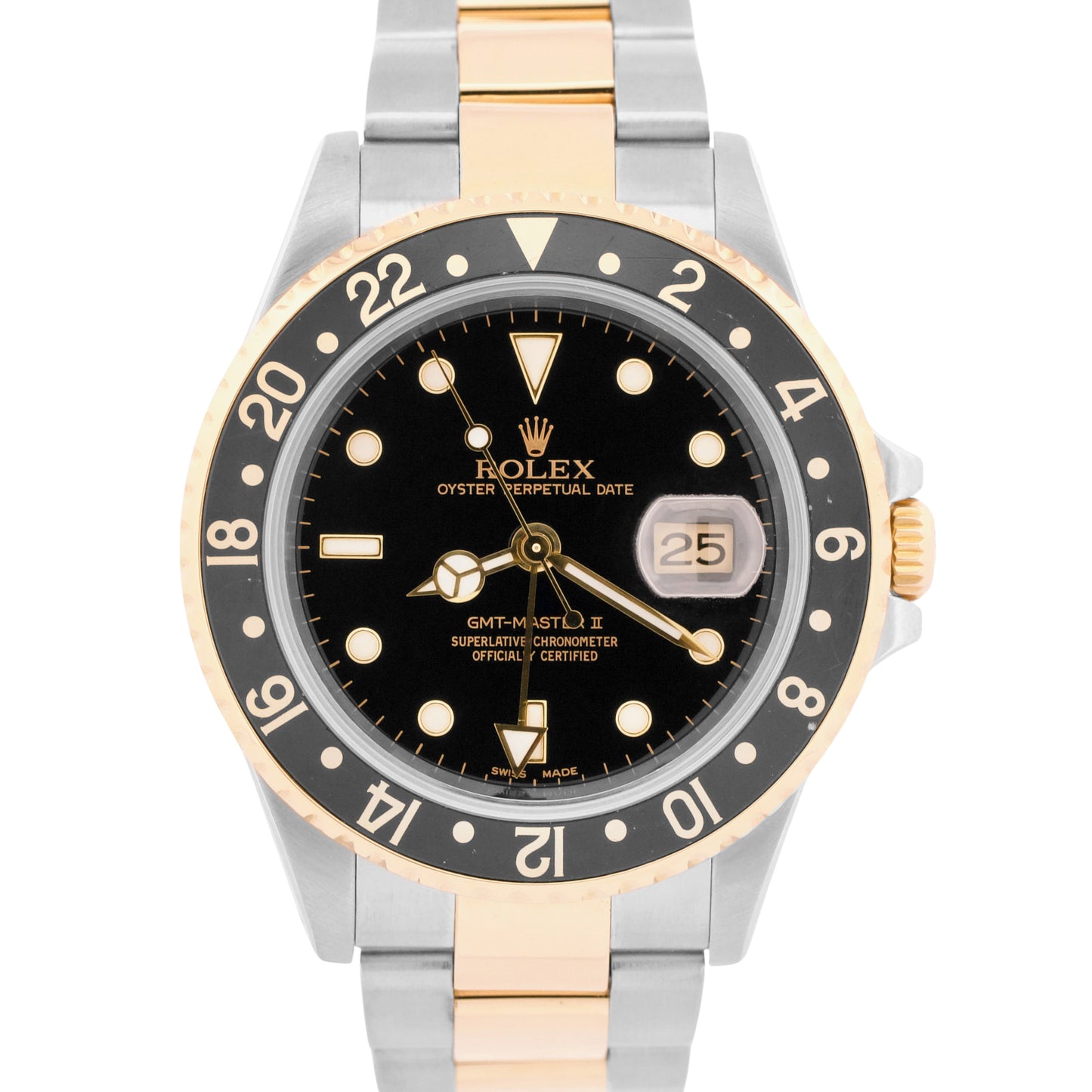 2004 PAPERS Rolex GMT-Master II BLACK Two-Tone 18K Gold Steel 40mm 16713 BOX