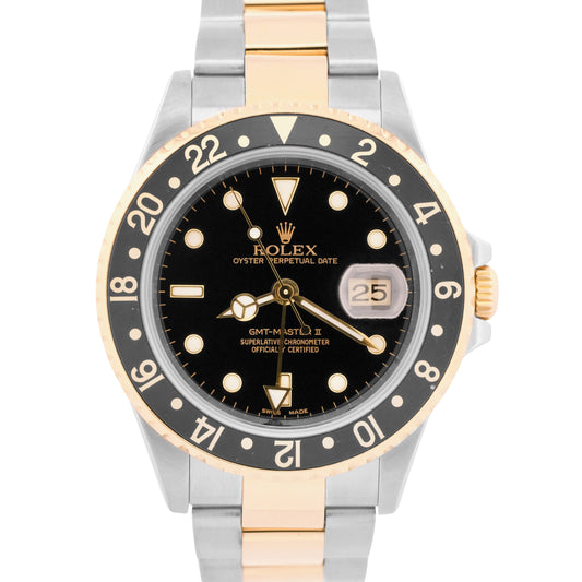 2004 PAPERS Rolex GMT-Master II BLACK Two-Tone 18K Gold Steel 40mm 16713 BOX