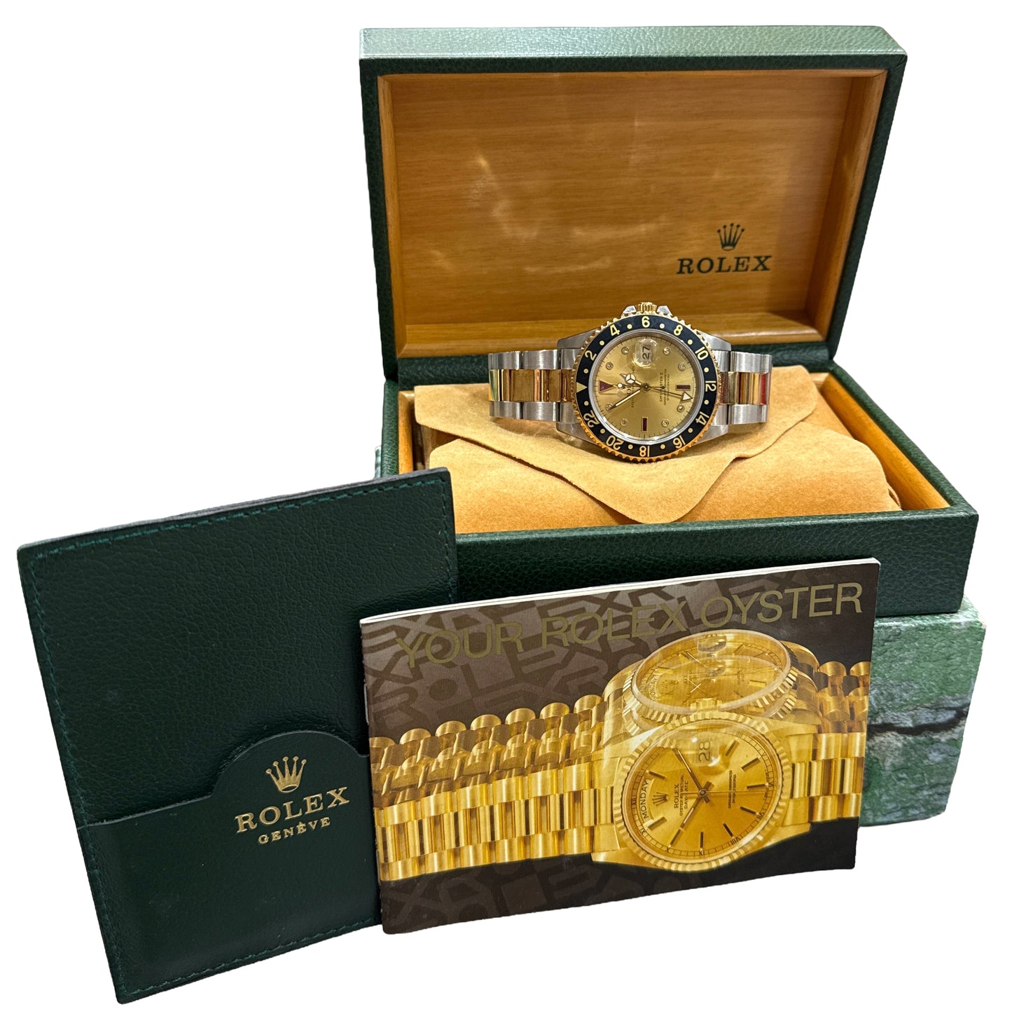 Rolex GMT-Master II SERTI CHAMPAGNE DIAMOND Two-Tone Gold Steel 40mm 16713 BOX