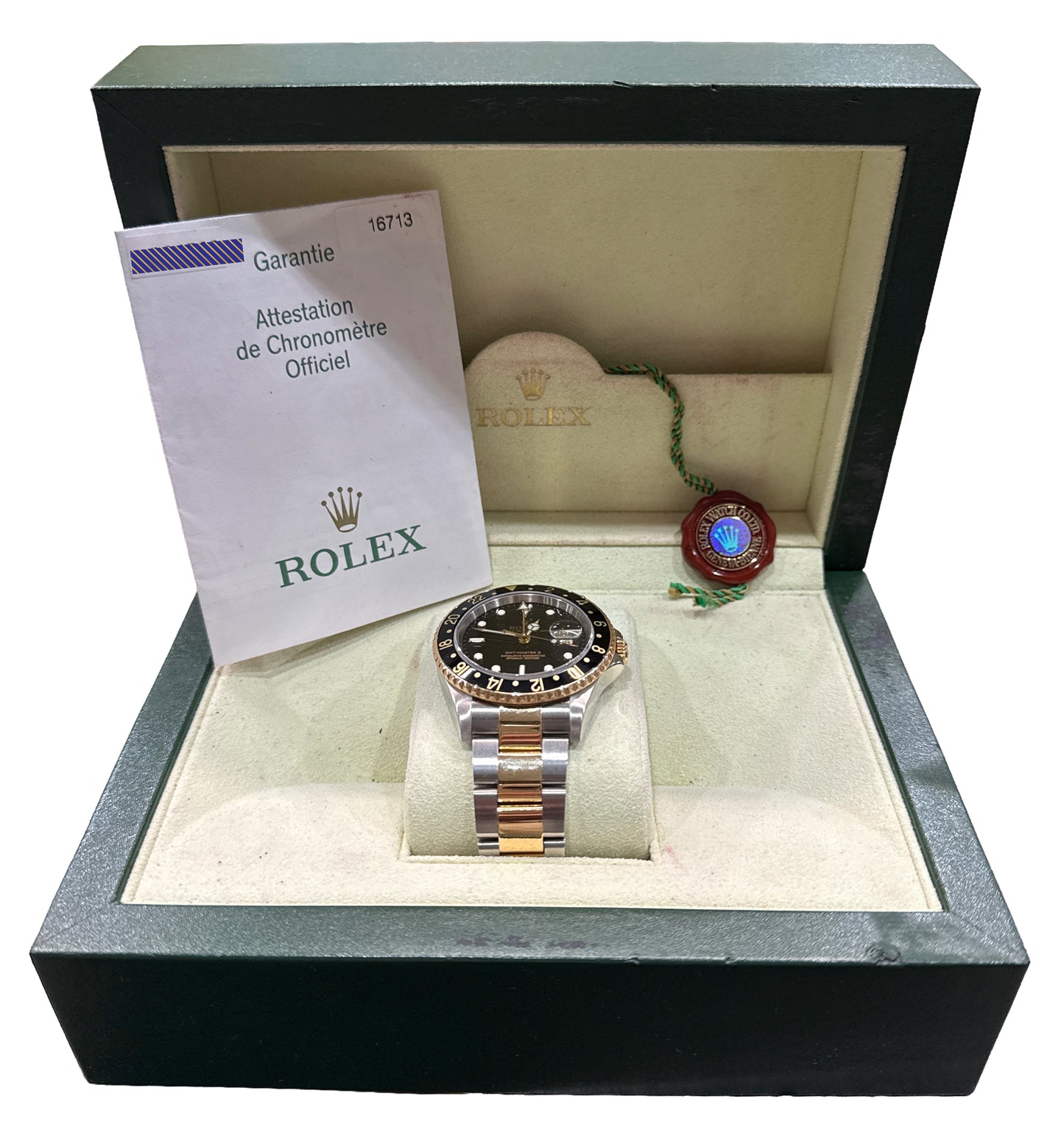 PAPERS Rolex GMT-Master II BLACK 18K Gold Two Tone OYSTER 40mm 16713 Watch BOX