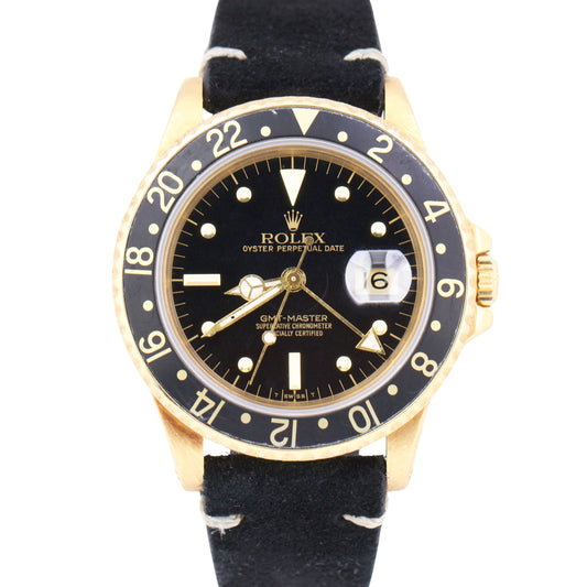 1984 Rolex GMT-Master 40mm 18K Yellow Gold Black Leather Date Watch 16758