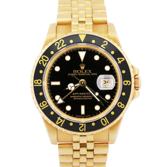 1989 Rolex GMT-Master II BLACK 18K Yellow Gold JUBILEE Date 40mm 16718 BOX
