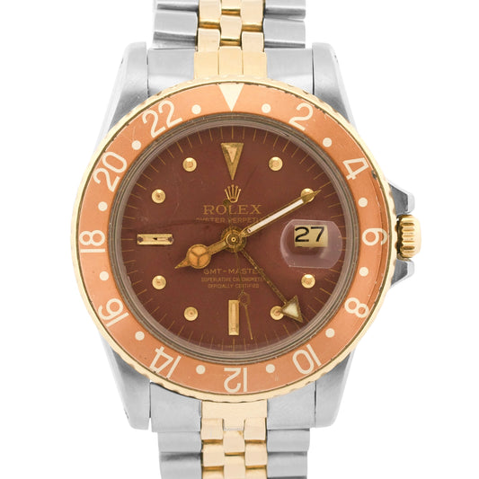 VINTAGE 1971 Rolex GMT-Master BROWN 18K Gold Steel ROOT BEER Jubilee 40mm 1675