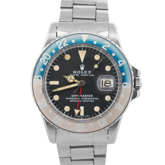 Vintage 1972 Rolex GMT-Master 1675 Faded Pepsi Patina Red Blue Steel 40mm Watch