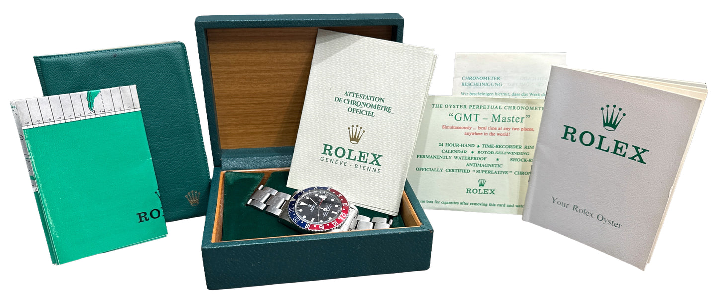 VINTAGE PAPERS Rolex GMT-Master Red Blue PEPSI Black Oyster LONG-E 40mm 1675 BOX