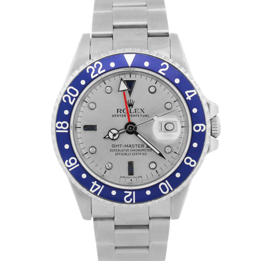 1987 Rolex GMT-Master II 16760 40mm Silver Diamond Blue Stainless Steel Watch