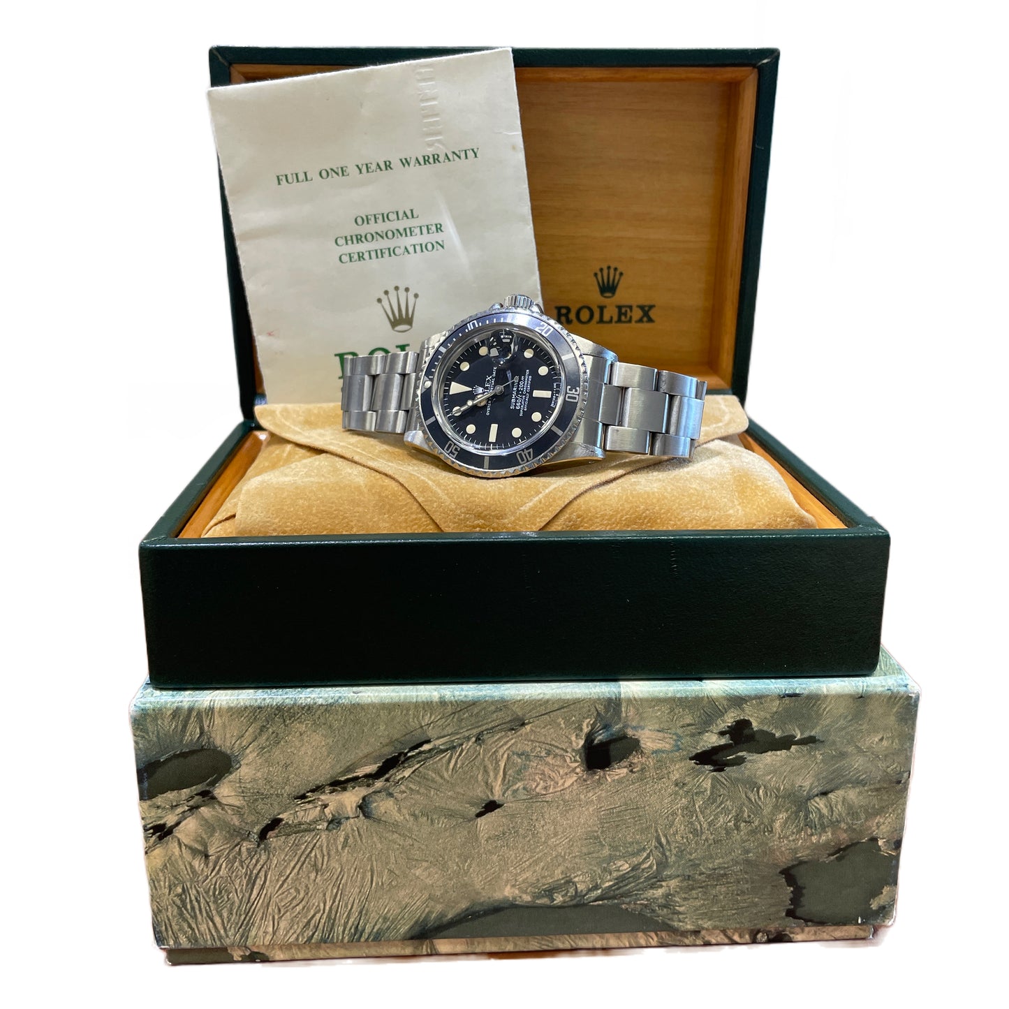 VINTAGE PAPERS Rolex Submariner Date 40mm Patina Stainless Steel Watch 1680 BOX