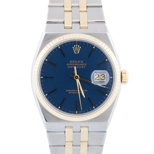 Rolex Oysterquartz DateJust 36mm BLUE Two-Tone 18K Yellow Gold Steel Watch 17013