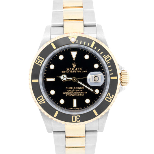 UNPOLISHED PAPERS Rolex Submariner 40mm Black NO-HOLES 18K Gold Watch 16613 BOX