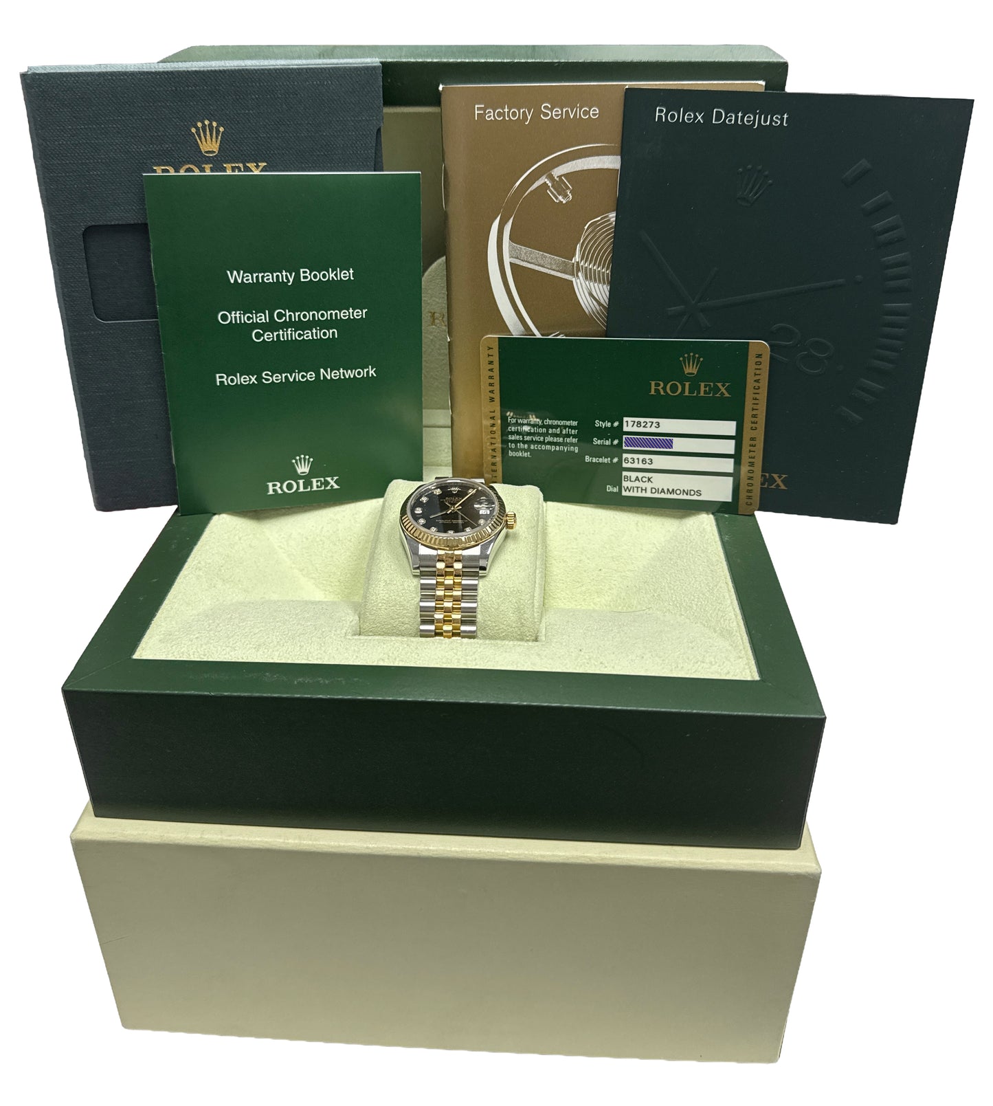 PAPERS Rolex DateJust FACTORY BLACK DIAMOND 18K Steel JUBILEE 31mm 178273 BOX
