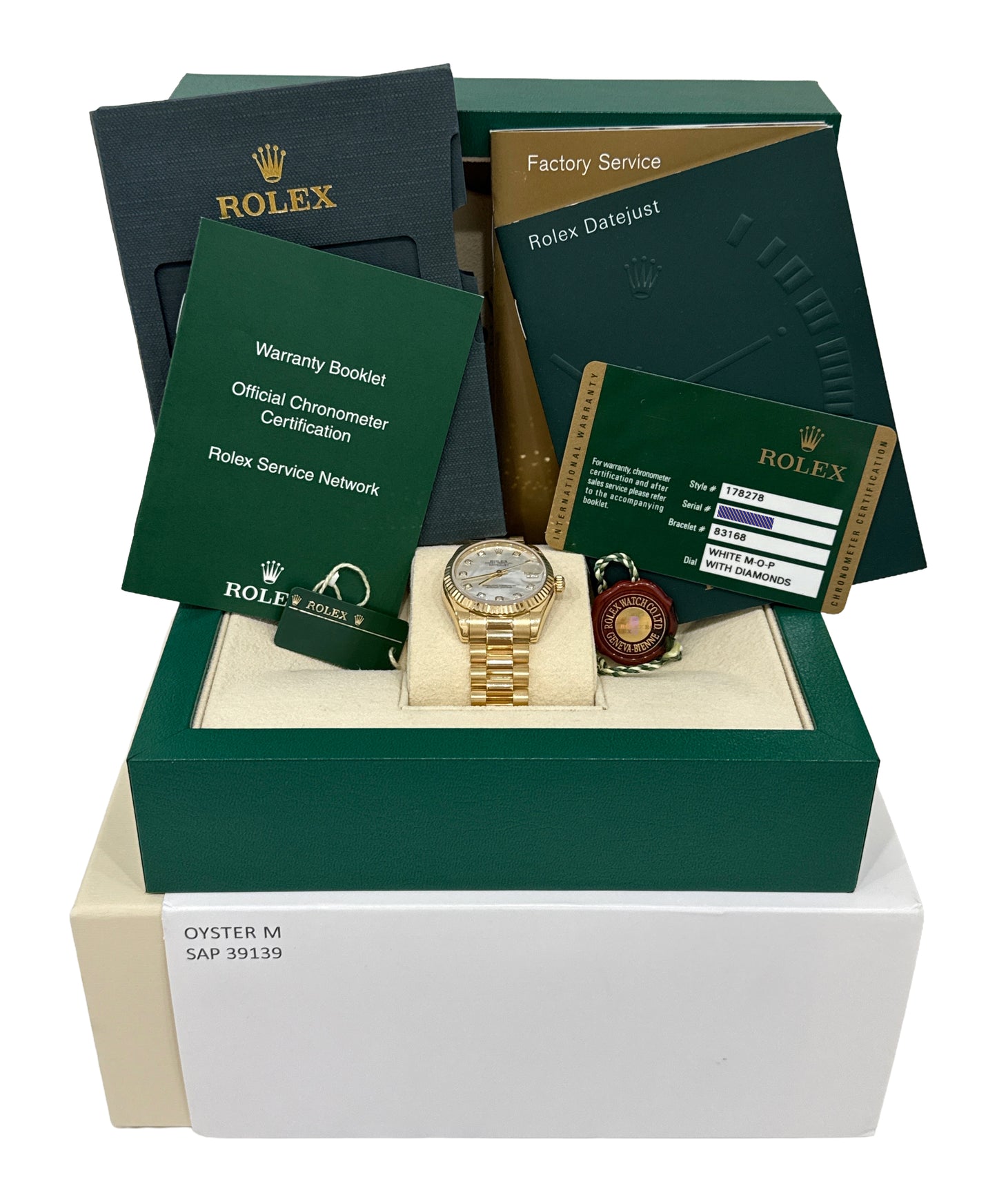 PAPERS Ladies Rolex DateJust President FACTORY MOP DIAMOND 18K 31mm 178278 BOX