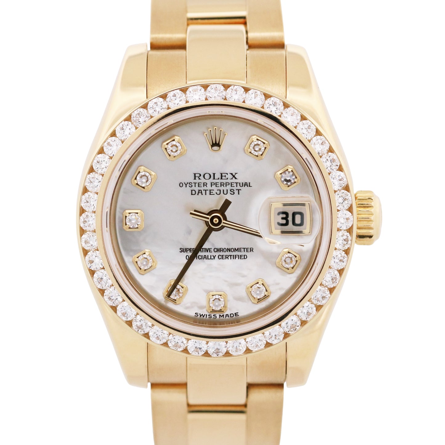 Ladies Rolex DateJust 179168 Mother of Pearl Diamond 18 Gold 26mm Box Papers