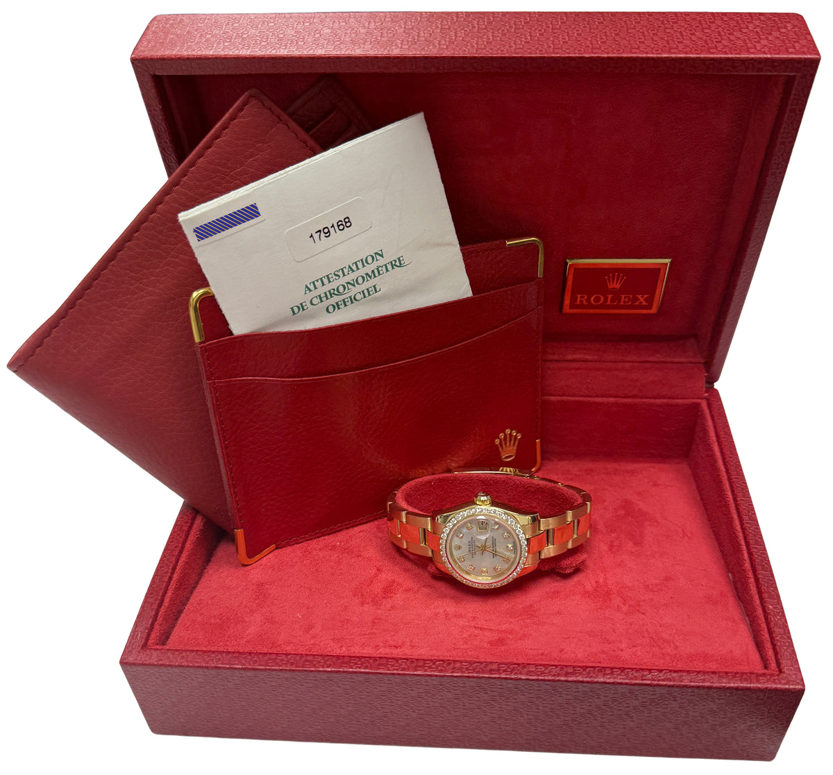 Ladies Rolex DateJust 179168 Mother of Pearl Diamond 18 Gold 26mm Box Papers
