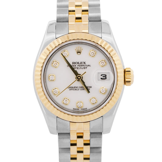 MINT Ladies Rolex DateJust WHITE DIAMOND 18K Gold 26mm JUBILEE Watch 179173