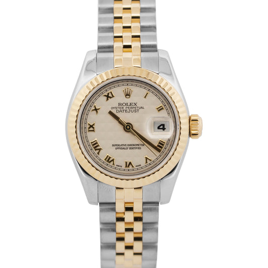 PAPERS Ladies Rolex DateJust IVORY PYRAMID ROMAN 18K 26mm JUBILEE 179173 BOX