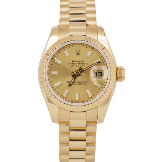 PAPERS Ladies Rolex DateJust President 26mm CHAMPAGNE 18K Yellow Gold 179178 BOX